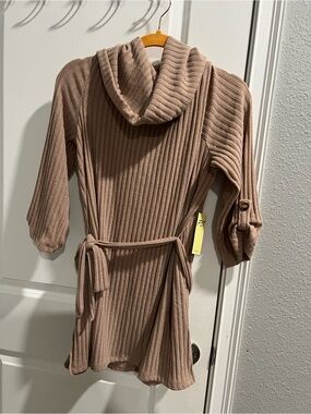 Ribbed Cowl Neck Tunic Sweater in Taupe
